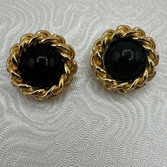 Vintage Christian Dior Chain Link Faux Black Onyx Clip On Earrings #448 - Picture 1 of 5